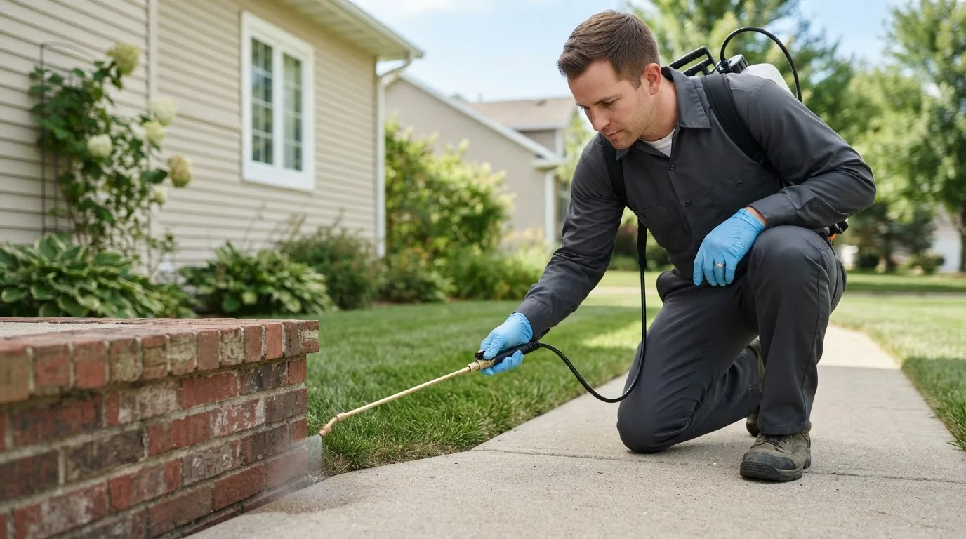 Pest control technician treating a home near Clarissa, MN